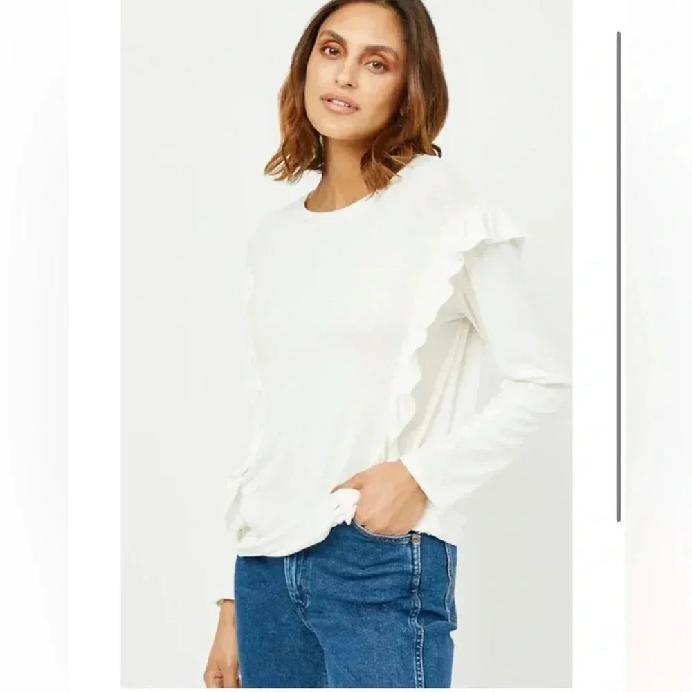 Anthro Pilcro Womens large Ivory Ruffle Sweater Lightweight Cotton